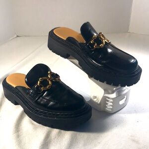 Circus by Sam Edelman Glossy Black Mules with Gold Chain